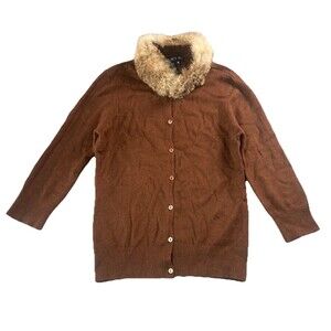 Tracy M Brown Silk Angora Cardigan Sweater Real Fur Collar Womens M Y2K
